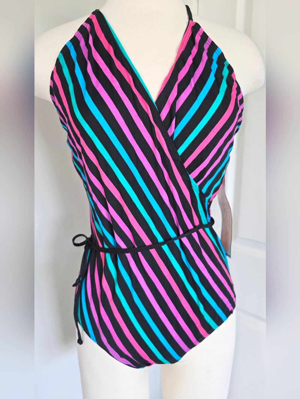 Aqua Lily 80's Halter One-Piece Swimsuit Aerobics Suit Black Pink Teal Stripes